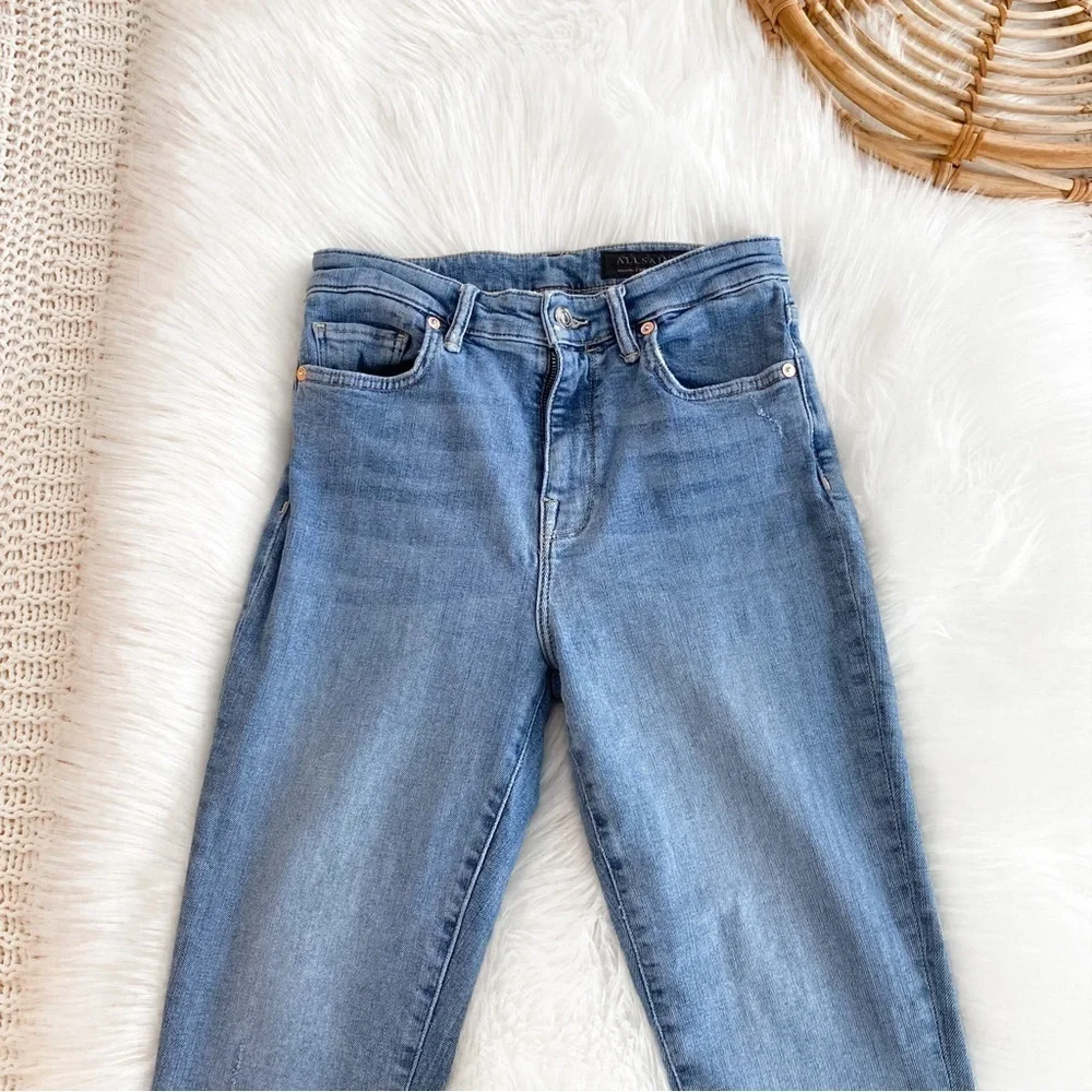 All Saints Roxanne Cropped Jeans Blue Raw Hem Distressed High Waisted Waist 28